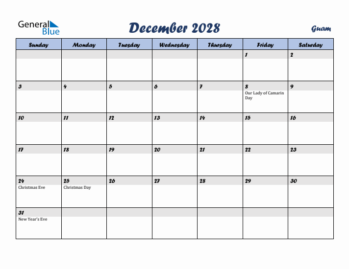 December 2028 Calendar with Holidays in Guam