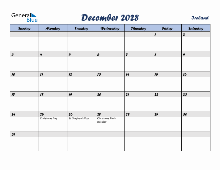 December 2028 Calendar with Holidays in Ireland
