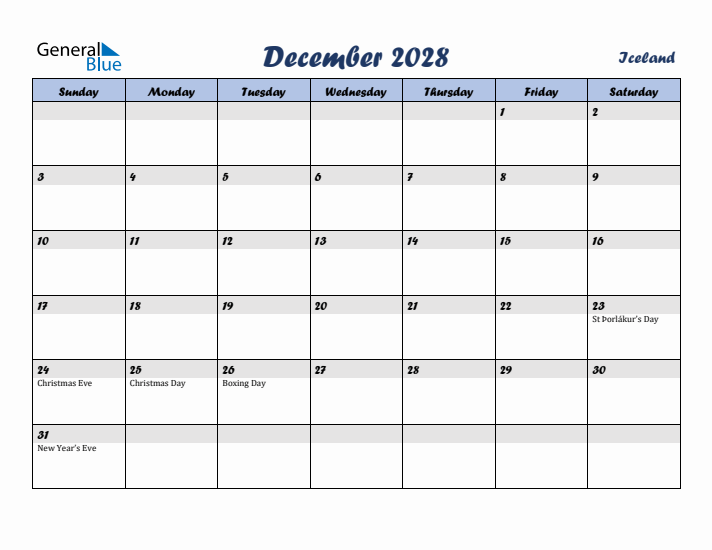 December 2028 Calendar with Holidays in Iceland