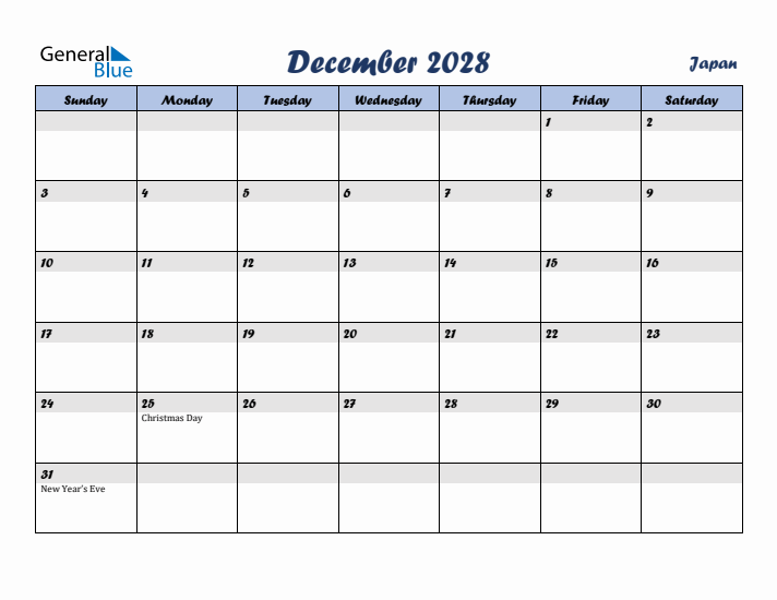 December 2028 Calendar with Holidays in Japan