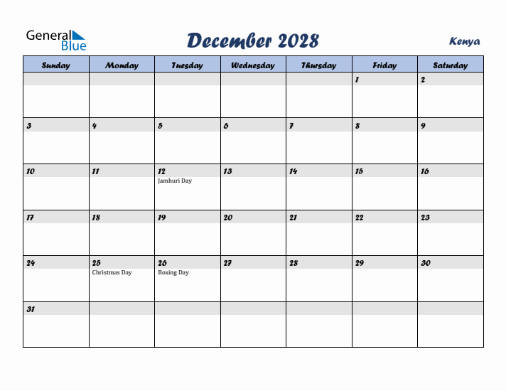 December 2028 Calendar with Holidays in Kenya