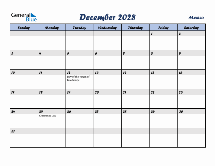 December 2028 Calendar with Holidays in Mexico