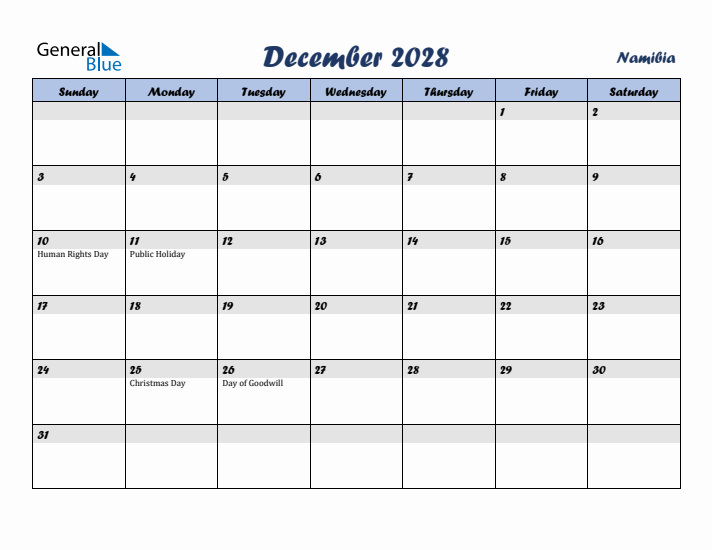 December 2028 Calendar with Holidays in Namibia