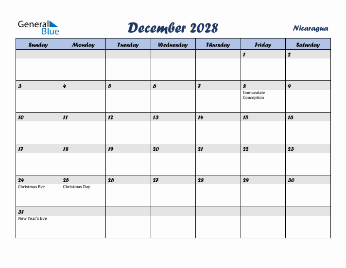 December 2028 Calendar with Holidays in Nicaragua