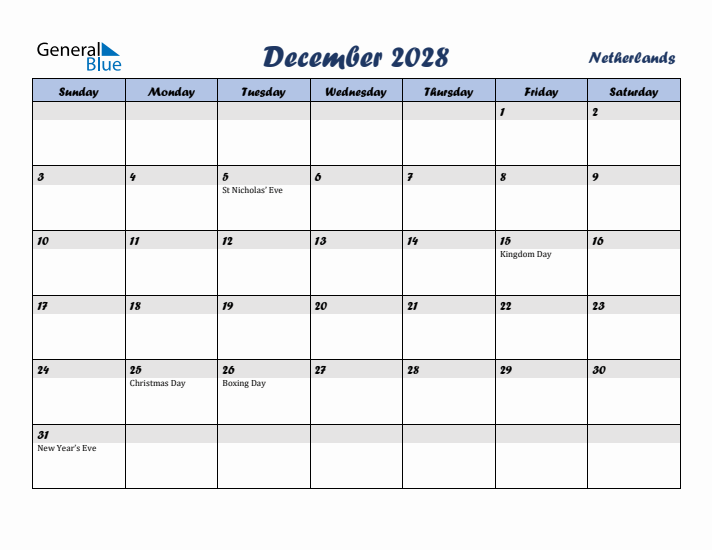 December 2028 Calendar with Holidays in The Netherlands