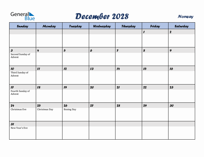 December 2028 Calendar with Holidays in Norway