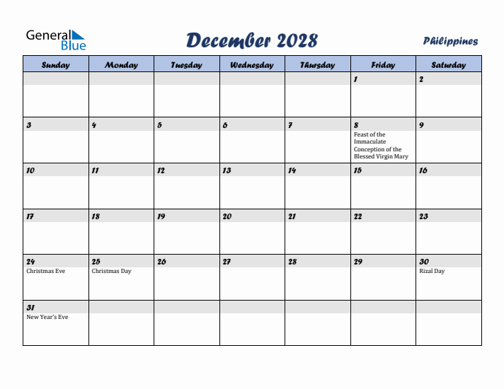 December 2028 Calendar with Holidays in Philippines
