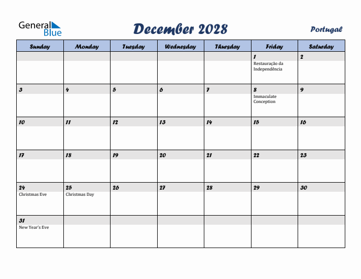 December 2028 Calendar with Holidays in Portugal