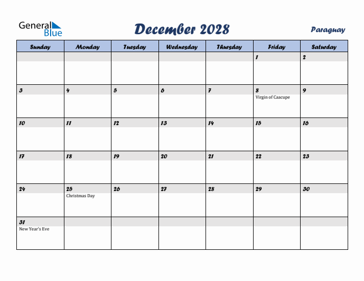 December 2028 Calendar with Holidays in Paraguay