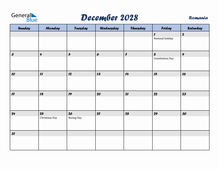 December 2028 Calendar with Holidays in Romania