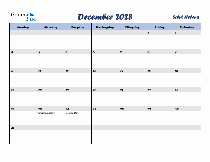 December 2028 Calendar with Holidays in Saint Helena