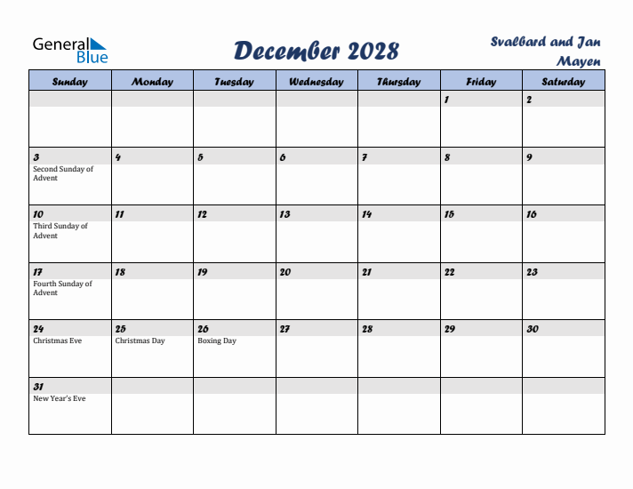 December 2028 Calendar with Holidays in Svalbard and Jan Mayen