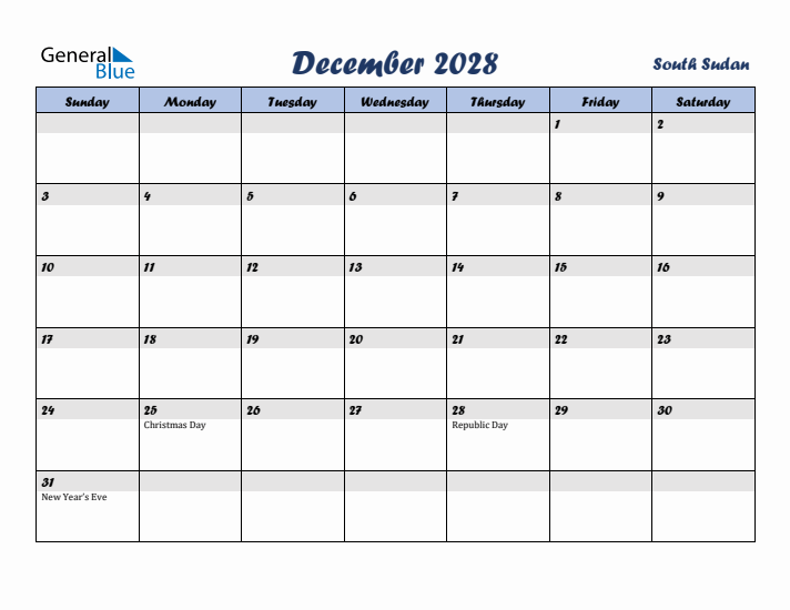 December 2028 Calendar with Holidays in South Sudan