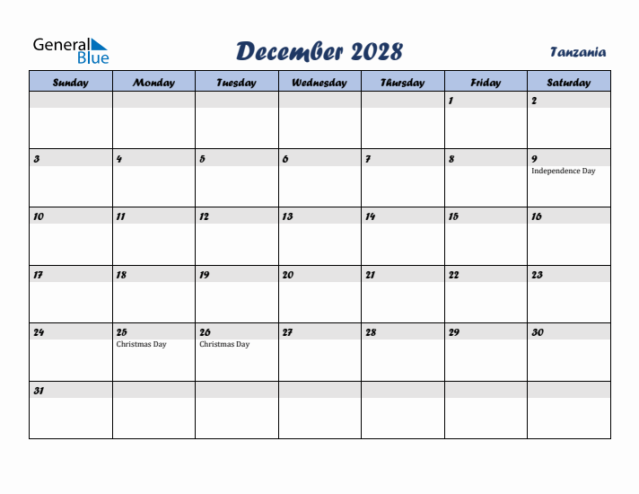 December 2028 Calendar with Holidays in Tanzania