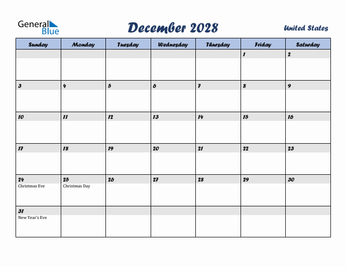 December 2028 Calendar with Holidays in United States