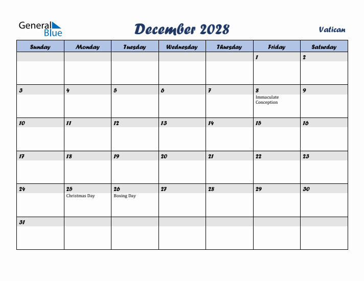 December 2028 Calendar with Holidays in Vatican