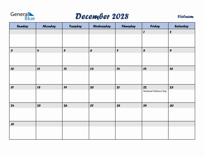 December 2028 Calendar with Holidays in Vietnam