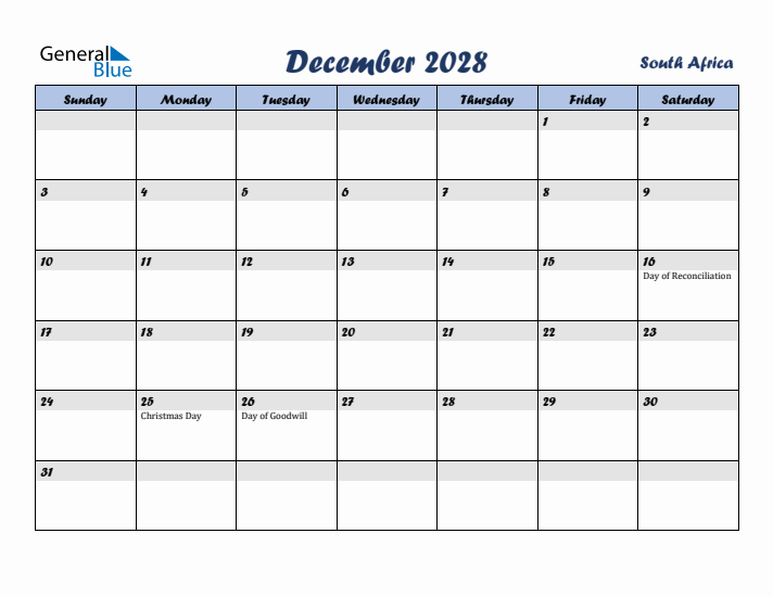 December 2028 Calendar with Holidays in South Africa