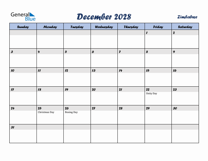 December 2028 Calendar with Holidays in Zimbabwe