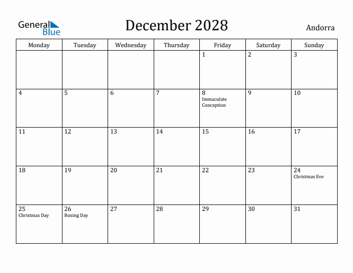 December 2028 Calendar Andorra