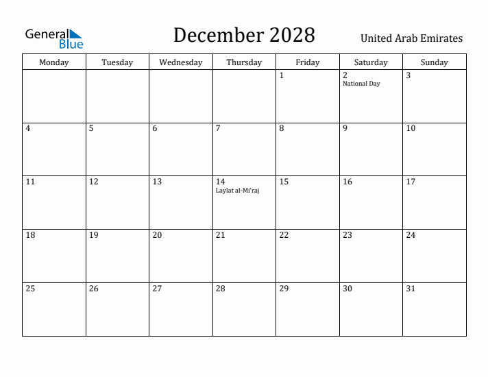 December 2028 Calendar United Arab Emirates