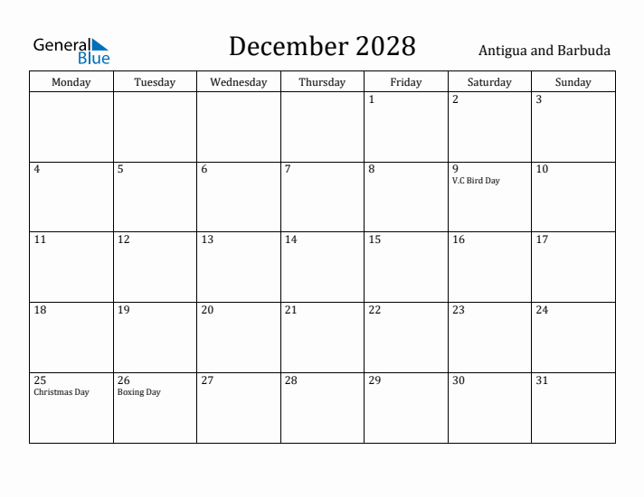 December 2028 Calendar Antigua and Barbuda