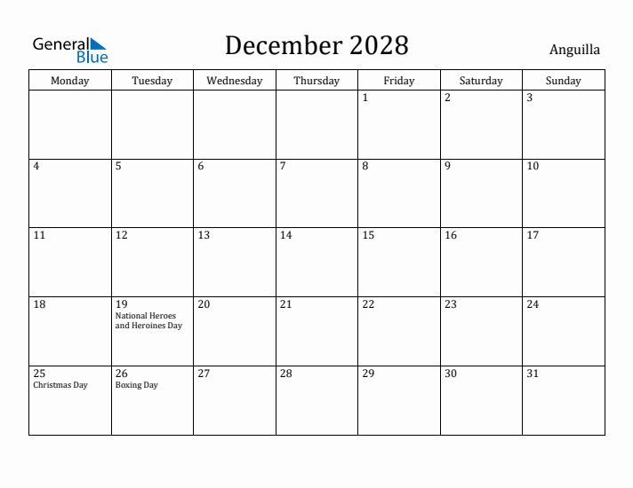 December 2028 Calendar Anguilla