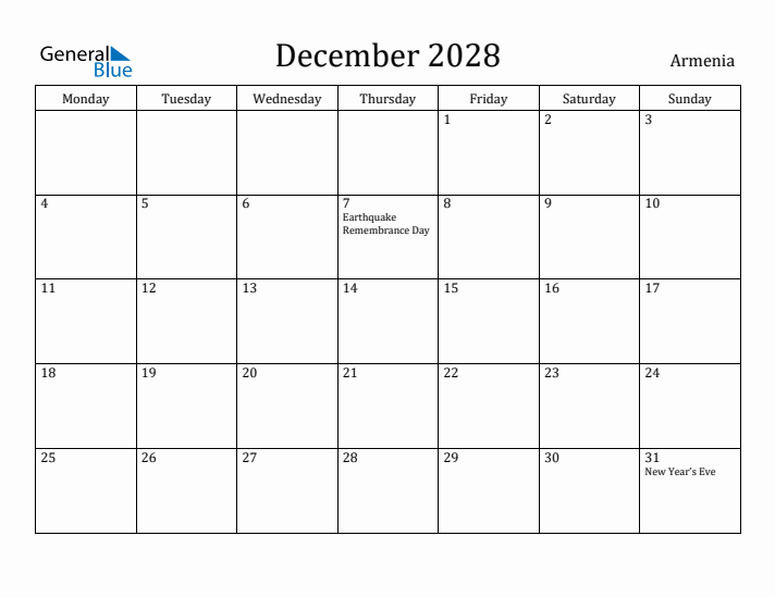 December 2028 Calendar Armenia