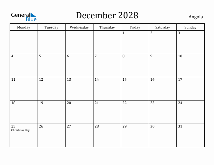 December 2028 Calendar Angola