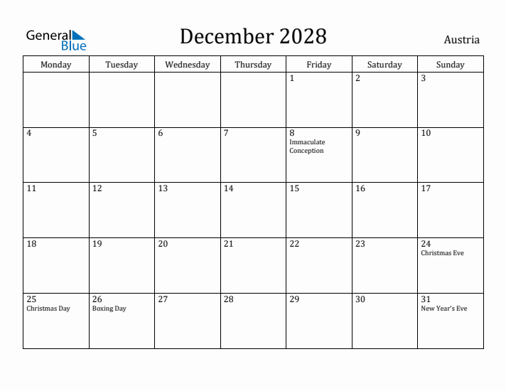 December 2028 Calendar Austria