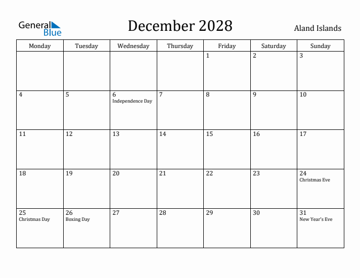 December 2028 Calendar Aland Islands