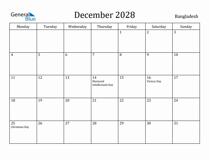 December 2028 Calendar Bangladesh