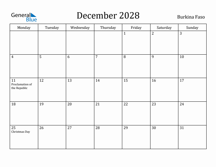 December 2028 Calendar Burkina Faso