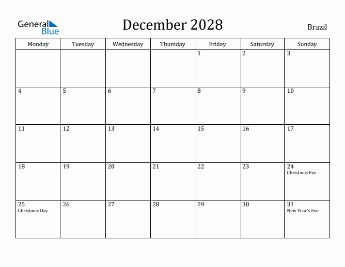 December 2028 Calendar Brazil