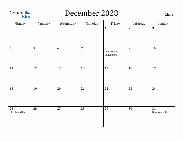 December 2028 Calendar Chile