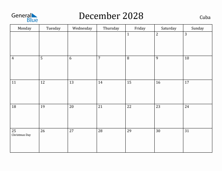 December 2028 Calendar Cuba