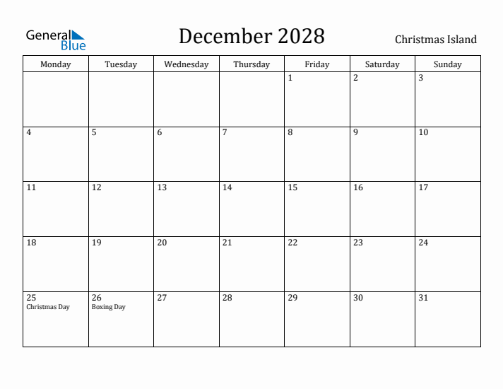 December 2028 Calendar Christmas Island