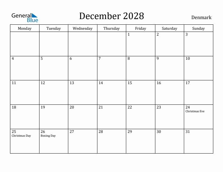 December 2028 Calendar Denmark