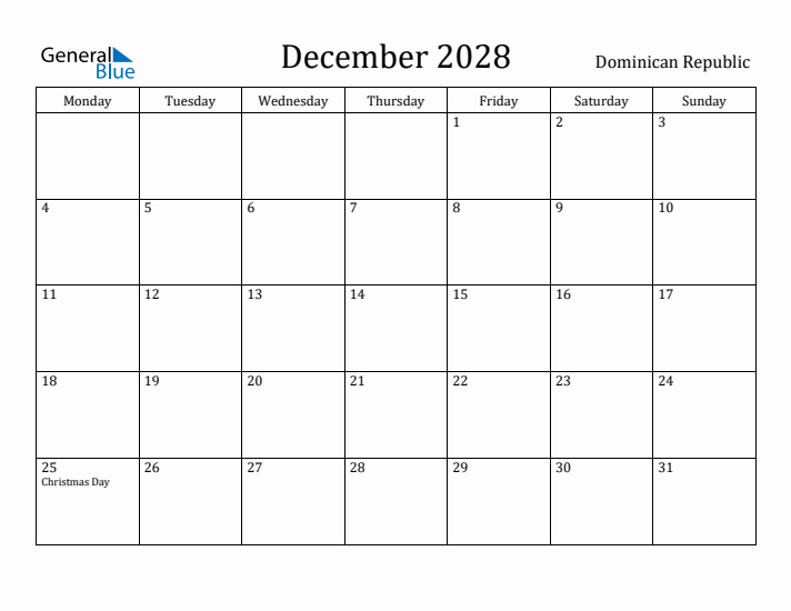 December 2028 Calendar Dominican Republic