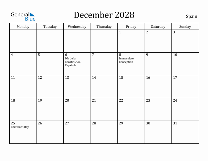 December 2028 Calendar Spain