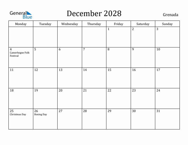 December 2028 Calendar Grenada