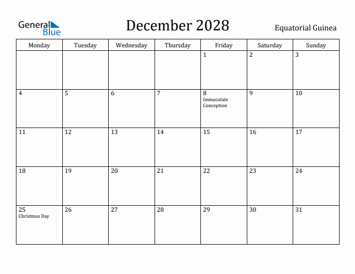 December 2028 Calendar Equatorial Guinea