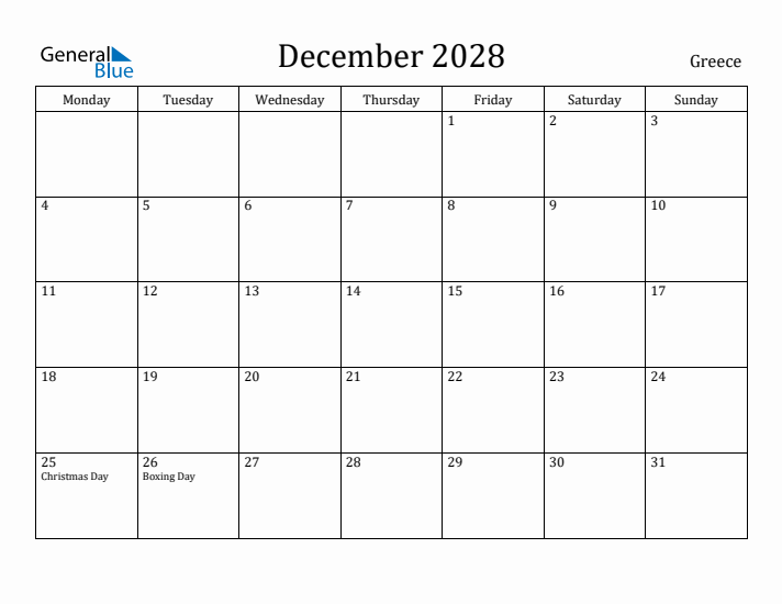 December 2028 Calendar Greece