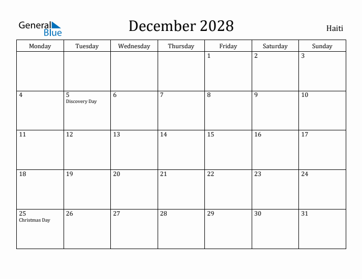 December 2028 Calendar Haiti