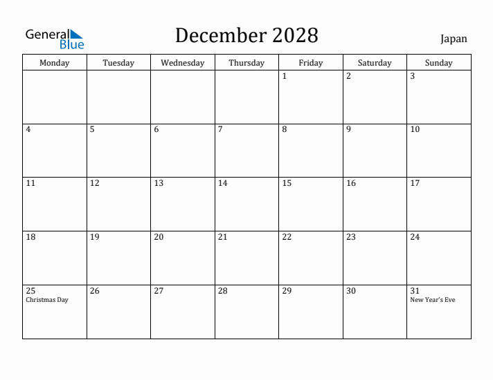 December 2028 Calendar Japan