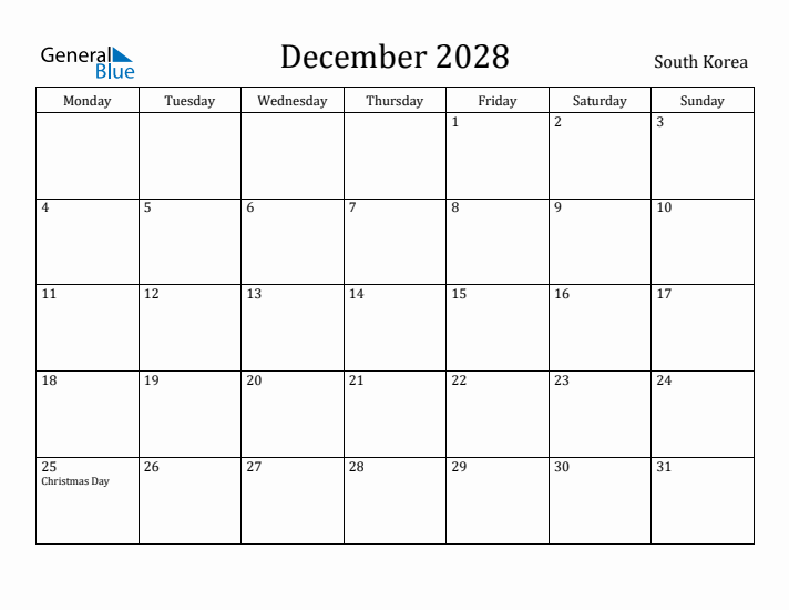 December 2028 Calendar South Korea