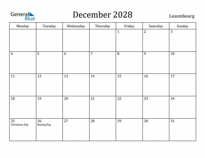 December 2028 Calendar Luxembourg