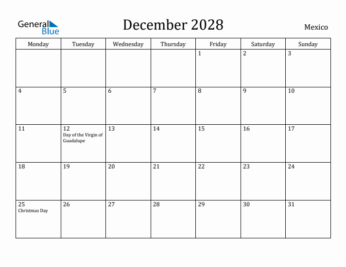 December 2028 Calendar Mexico