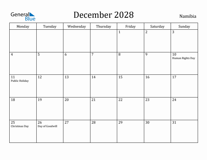 December 2028 Calendar Namibia