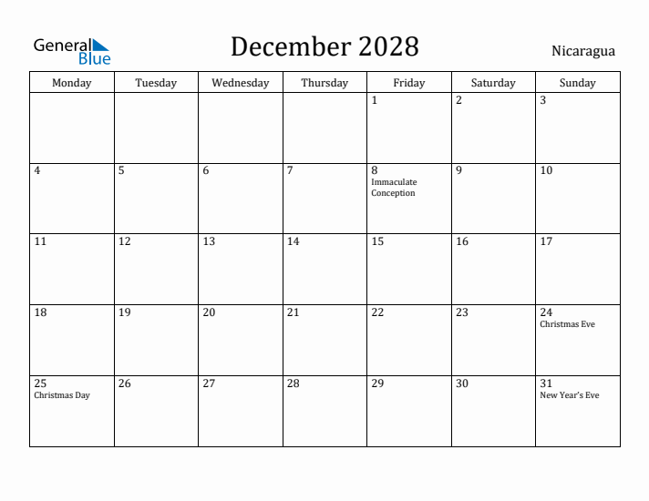 December 2028 Calendar Nicaragua